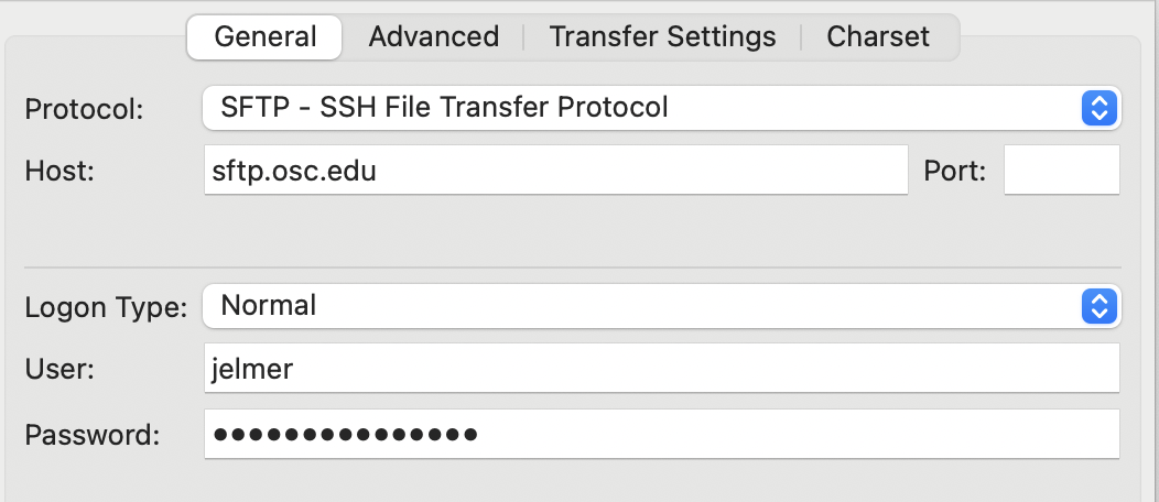 A screenshot of the connection setup dialog box on FileZilla