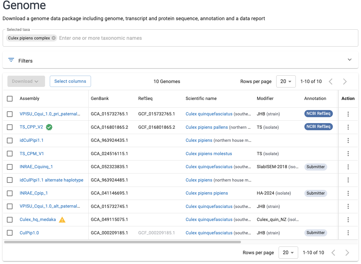 A screenshot of the NCBI datasets website
