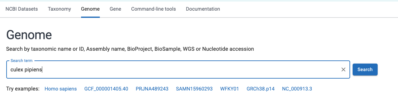 A screenshot of the NCBI datasets website