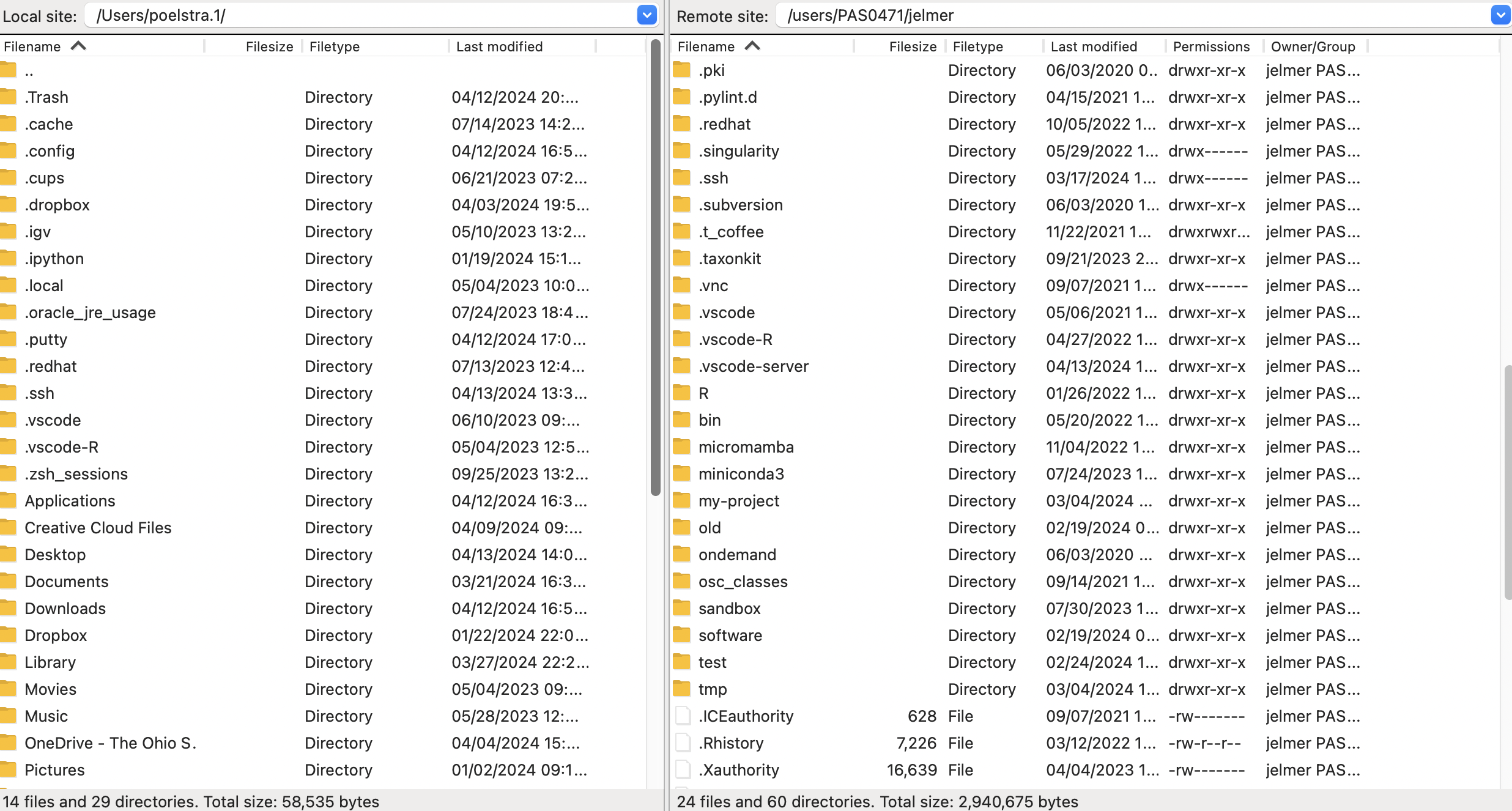 A screenshot of the split screen view showing local and remote on FileZilla