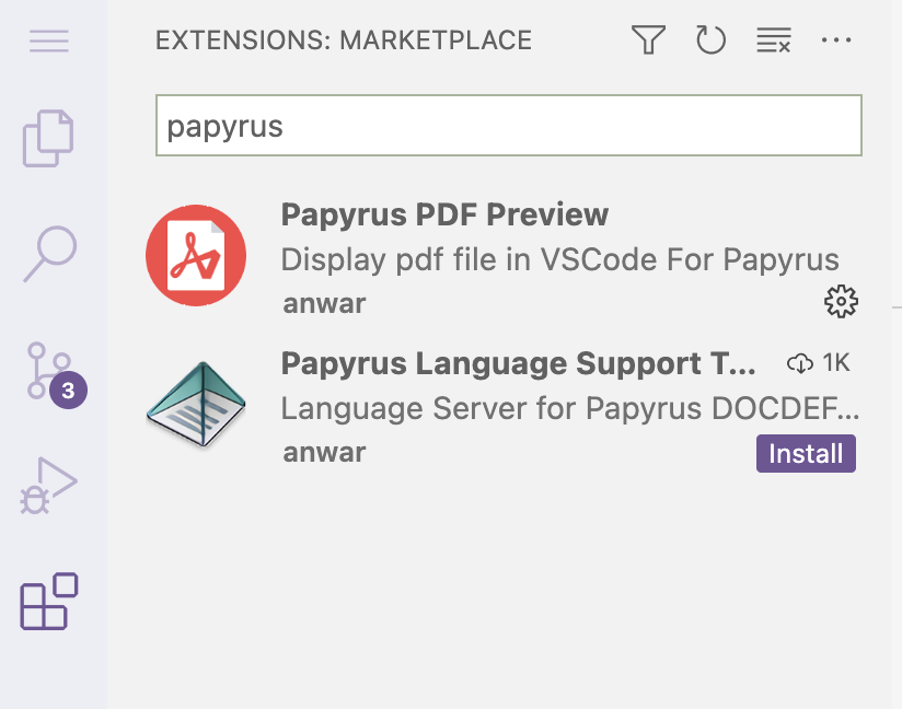 A screenshot of the search result for the Papyrus PDF Preview VS Code extension.